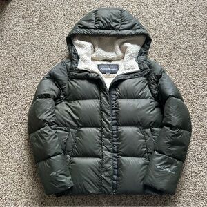 Eddie Bauer Puffer Jacket Womens S Premium Goose Down EB650 Hooded Olive Green